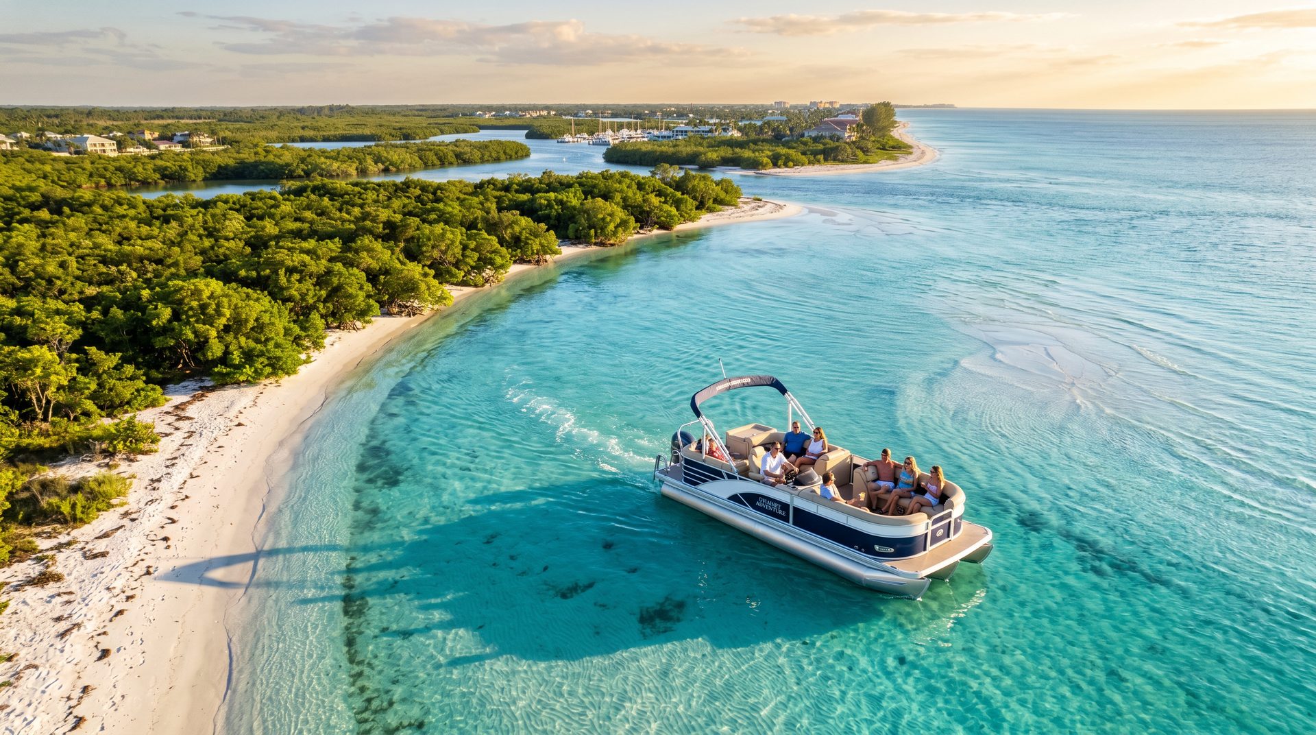 Aerial view of a pontoon boat on turquoise Gulf Coast waters near Bonita Springs, Florida