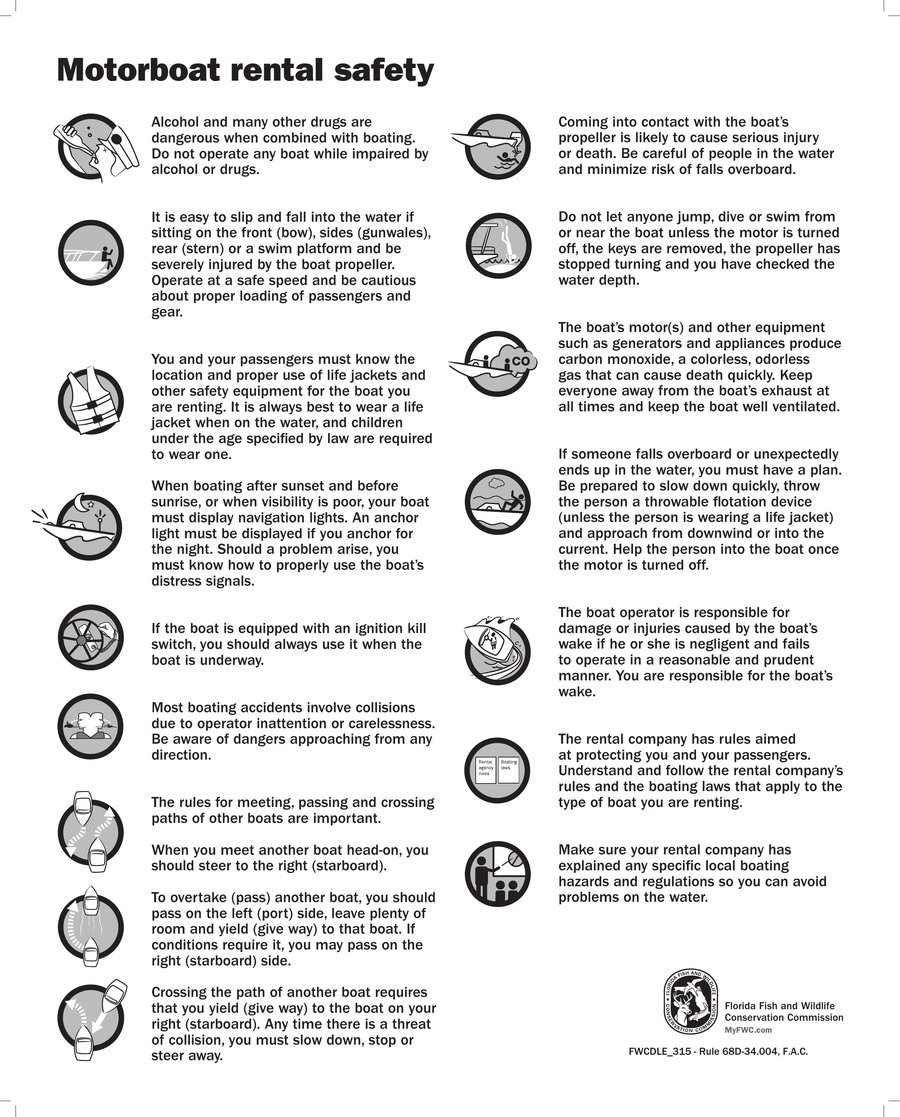 FWC Motorboat Rental Safety poster listing key safety rules for boat renters